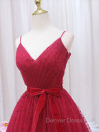 A-Line V Neck Tulle Burgundy Long Prom Dresses, Burgundy Formal Dresses