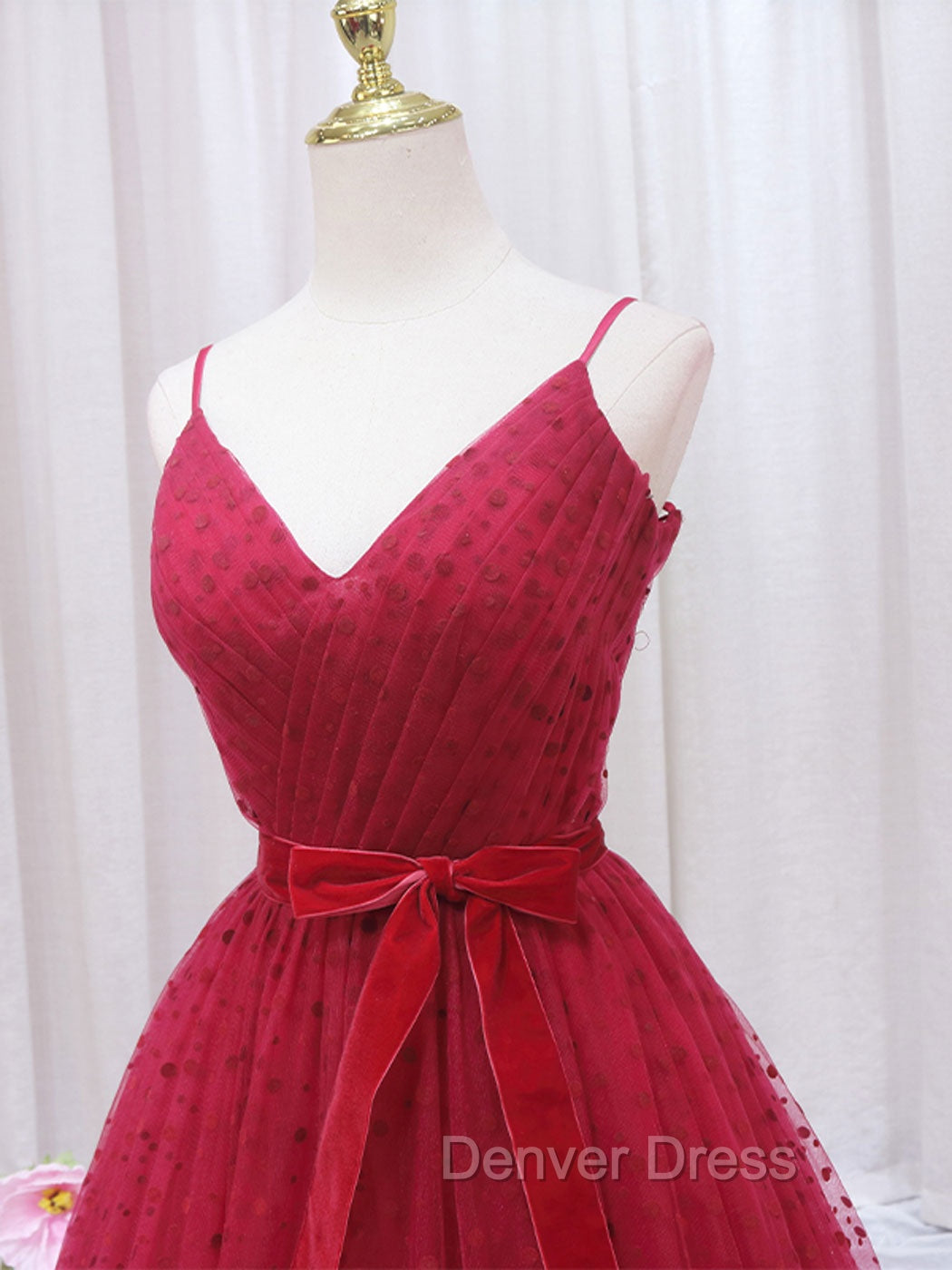 A Line V Neck Tulle Burgundy Long Prom Dress, Burgundy Prom Dresses