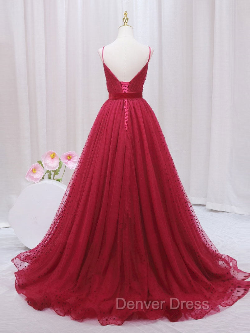 A-Line V Neck Tulle Burgundy Long Prom Dresses, Burgundy Formal Dresses
