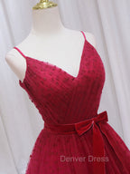 A-Line V Neck Tulle Burgundy Long Prom Dresses, Burgundy Formal Dresses