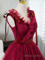 A-Line V Neck Tulle Burgundy Long Prom Dresses, Burgundy Long Evening Dresses