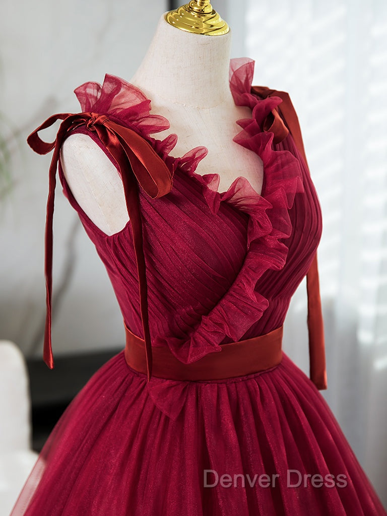 A-Line V Neck Tulle Burgundy Long Prom Dresses, Burgundy Long Evening Dresses