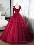 A-Line V Neck Tulle Burgundy Long Prom Dresses, Burgundy Long Evening Dresses