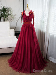A-Line V Neck Tulle Burgundy Long Prom Dress, Burgundy Long Evening Dress