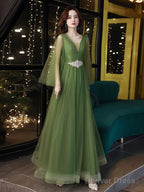 A-Line V Neck Tulle Green Long Prom Dress, Green Formal Dress