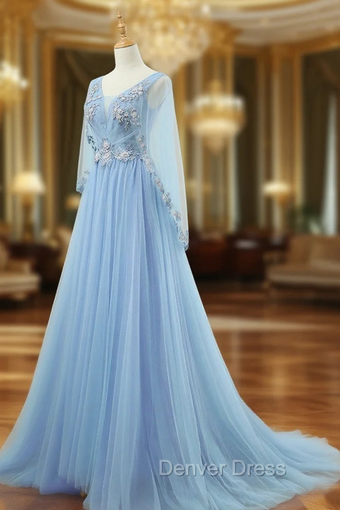 A Line V Neck Tulle Lace Blue Long Prom Dress, Blue Prom Dresses