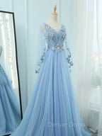 A-Line V Neck  Tulle Lace Blue Long Prom Dresses, Blue Formal Evening Dresses