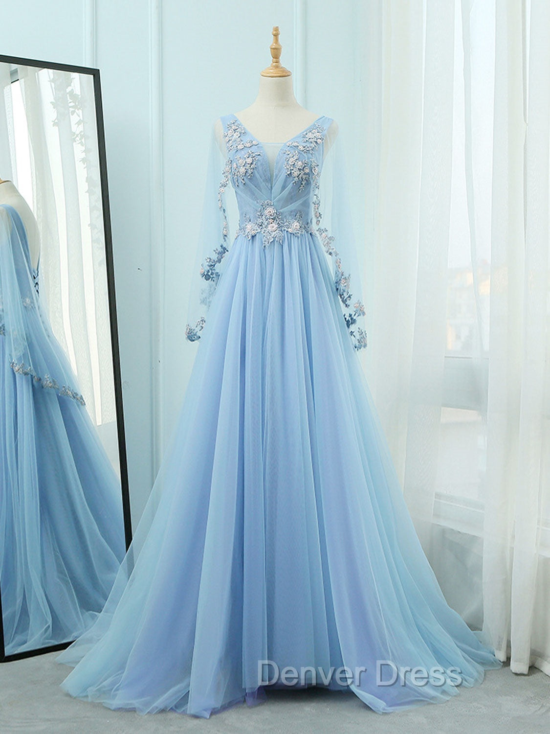 A-Line V Neck  Tulle Lace Blue Long Prom Dresses, Blue Formal Evening Dresses Secondary image