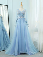 A-Line V Neck  Tulle Lace Blue Long Prom Dresses, Blue Formal Evening Dresses
