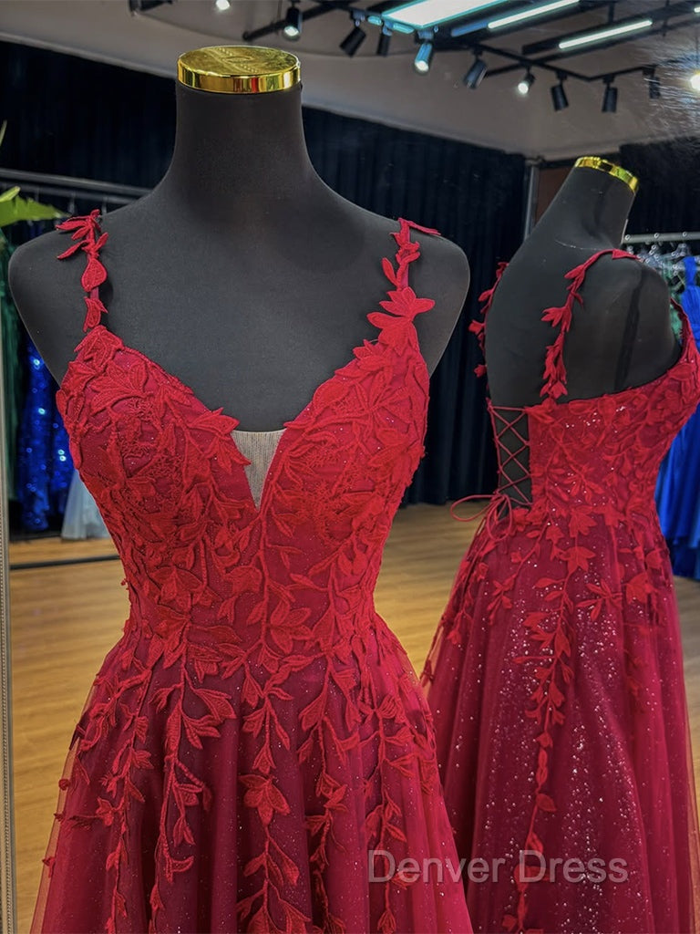 A-Line V Neck Tulle Lace Burgundy Long Prom Dresses, Burgundy Long Evening Dresses Secondary image