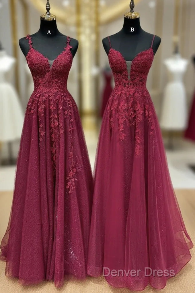 A-Line V Neck Tulle Lace Burgundy Long Prom Dresses, Burgundy Long Evening Dresses