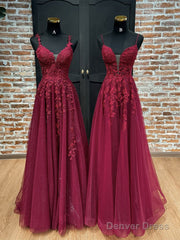 A-Line V Neck Tulle Lace Burgundy Long Prom Dress, Burgundy Long Evening Dress