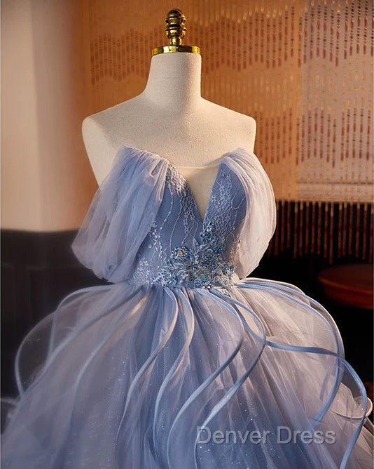 A-Line V Neck Tulle Lace Gray Blue Long Prom Dresses, Blue Long Sweet 16 Dresses Secondary image