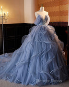A-Line V Neck Tulle Lace Gray Blue Long Prom Dresses, Blue Long Sweet 16 Dresses