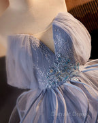 A-Line V Neck Tulle Lace Gray Blue Long Prom Dresses, Blue Long Sweet 16 Dresses