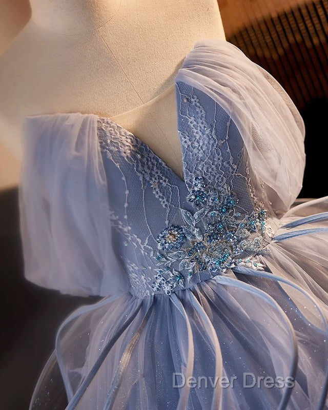 A-Line V Neck Tulle Lace Gray Blue Long Prom Dresses, Blue Long Sweet 16 Dresses