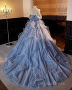 A-Line V Neck Tulle Lace Gray Blue Long Prom Dresses, Blue Long Sweet 16 Dresses