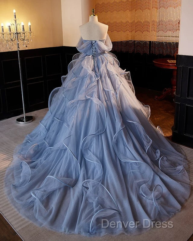 A-Line V Neck Tulle Lace Gray Blue Long Prom Dresses, Blue Long Sweet 16 Dresses