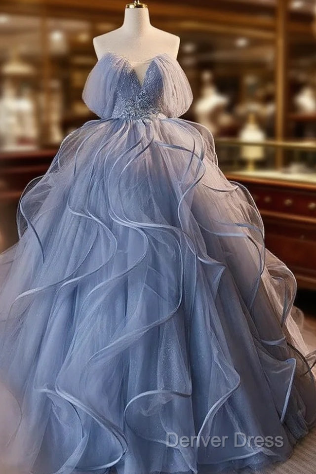 A-Line V Neck Tulle Lace Gray Blue Long Prom Dresses, Blue Long Sweet 16 Dresses