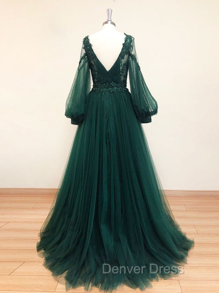 A-Line V Neck Tulle Lace Green Long Prom Dresses, Green Formal Evening Dresses Secondary image