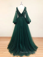 A-Line V Neck Tulle Lace Green Long Prom Dresses, Green Formal Evening Dresses