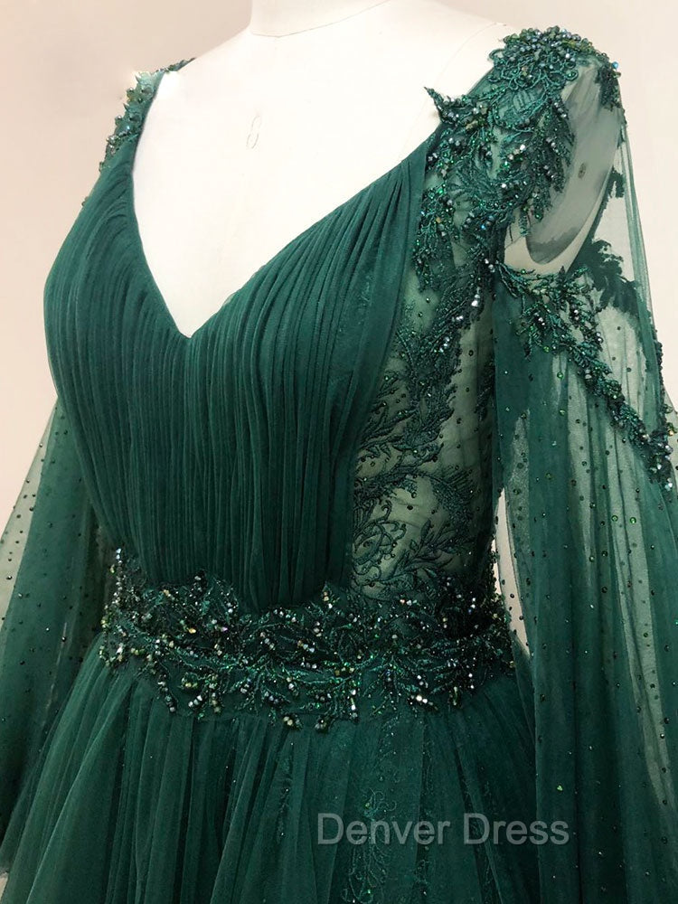 A-Line V Neck Tulle Lace Green Long Prom Dresses, Green Formal Evening Dresses