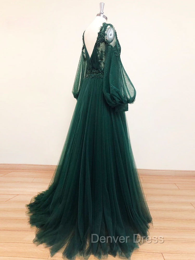 A-Line V Neck Tulle Lace Green Long Prom Dresses, Green Formal Evening Dresses