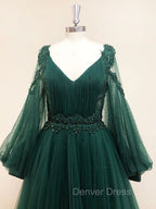 A-Line V Neck Tulle Lace Green Long Prom Dresses, Green Formal Evening Dresses