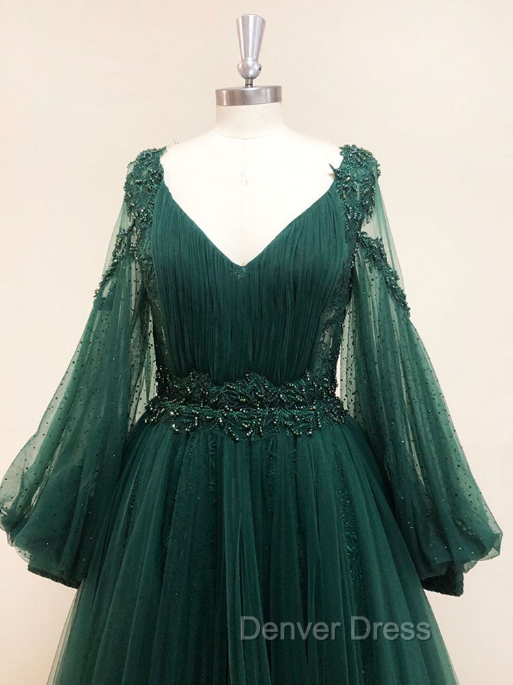 A-Line V Neck Tulle Lace Green Long Prom Dresses, Green Formal Evening Dresses