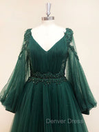 A Line V Neck Tulle Lace Green Long Prom Dress, Green Prom Dresses