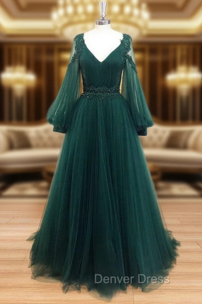 A-Line V Neck Tulle Lace Green Long Prom Dresses, Green Formal Evening Dresses Main image