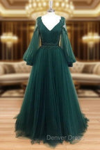 A-Line V Neck Tulle Lace Green Long Prom Dresses, Green Formal Evening Dresses
