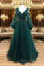 A-Line V Neck Tulle Lace Green Long Prom Dresses, Green Formal Evening Dresses
