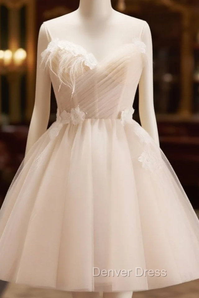 A-Line V Neck Tulle Light Champagne Short Prom Dresses, Champagne Homecoming Dresses Main image