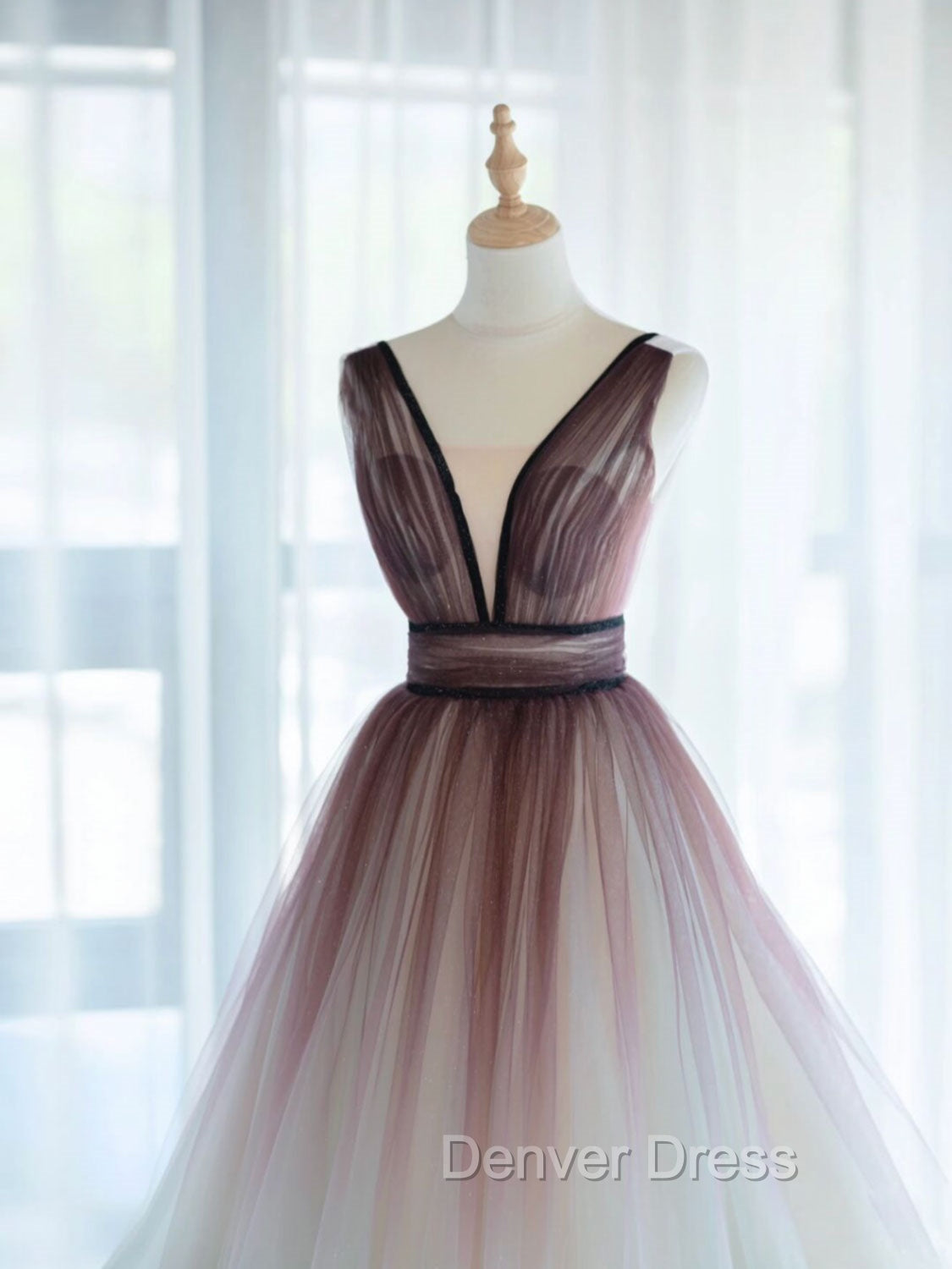 A-Line V Neck Tulle Long Brown Prom Dresses, Tulle Long Evening Dresses Secondary image