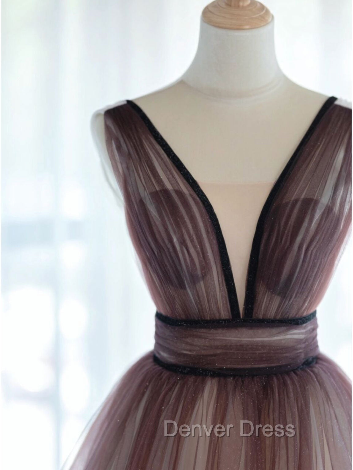 A Line V Neck Tulle Long Brown Prom Dress, Tulle Long Prom Dresses