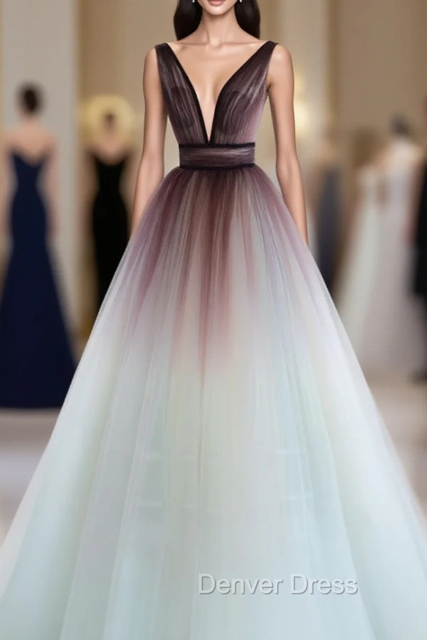 A-Line V Neck Tulle Long Brown Prom Dresses, Tulle Long Evening Dresses Main image