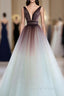 A Line V Neck Tulle Long Brown Prom Dress, Tulle Long Prom Dresses