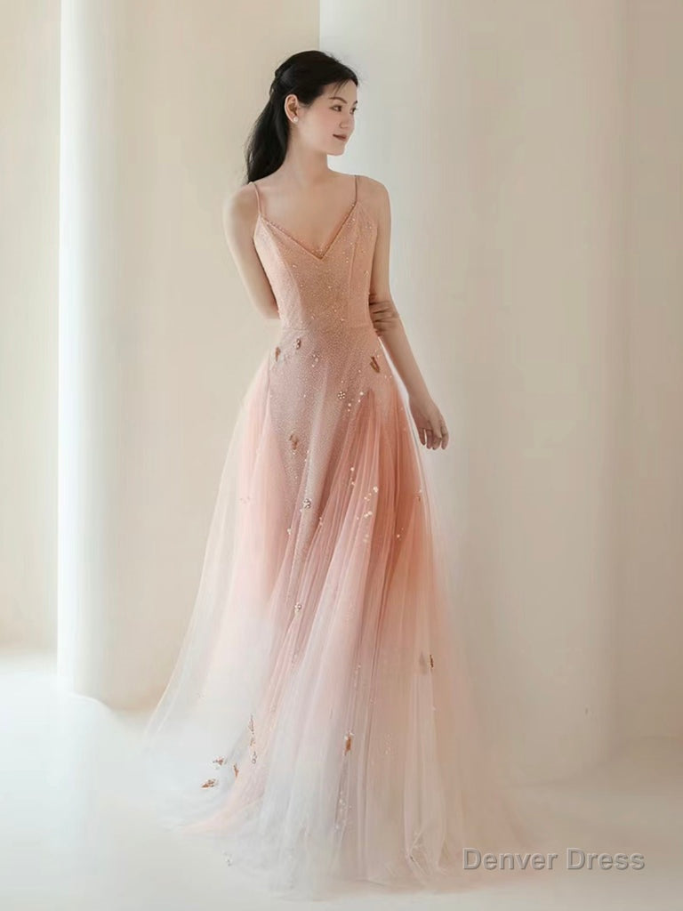 A Line V Neck Tulle Pink Long Prom Dress, Pink Tulle Long Prom Dresses Secondary image