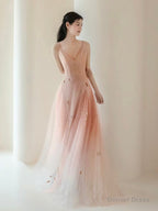 A Line V Neck Tulle Pink Long Prom Dress, Pink Tulle Long Prom Dresses