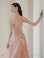 A Line V Neck Tulle Pink Long Prom Dress, Pink Tulle Long Prom Dresses