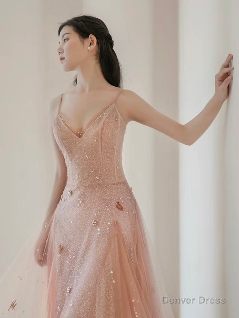 A Line V Neck Tulle Pink Long Prom Dress, Pink Tulle Long Prom Dresses