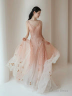 A Line V Neck Tulle Pink Long Prom Dress, Pink Tulle Long Prom Dresses