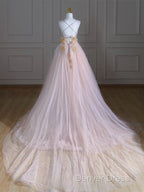 A-Line V Neck Tulle Pink Long Prom Dresses, Pink Tulle Long Formal Dresses