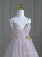 A-Line V Neck Tulle Pink Long Prom Dresses, Pink Tulle Long Formal Dresses