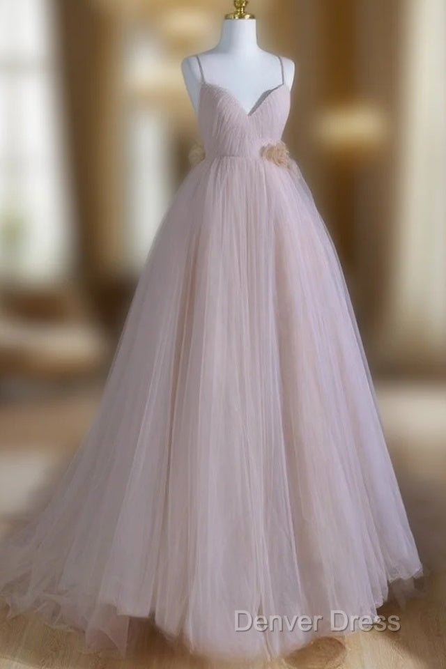 A-Line V Neck Tulle Pink Long Prom Dresses, Pink Tulle Long Formal Dresses Main image