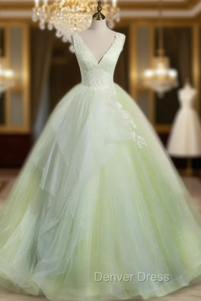 A-Line V Neck Tulle Sage Green Long Prom Quinceanera Dresses Main image