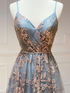 A Line V Neck Tulle Sequin Long Prom Dress, Backless Long Prom Dresses