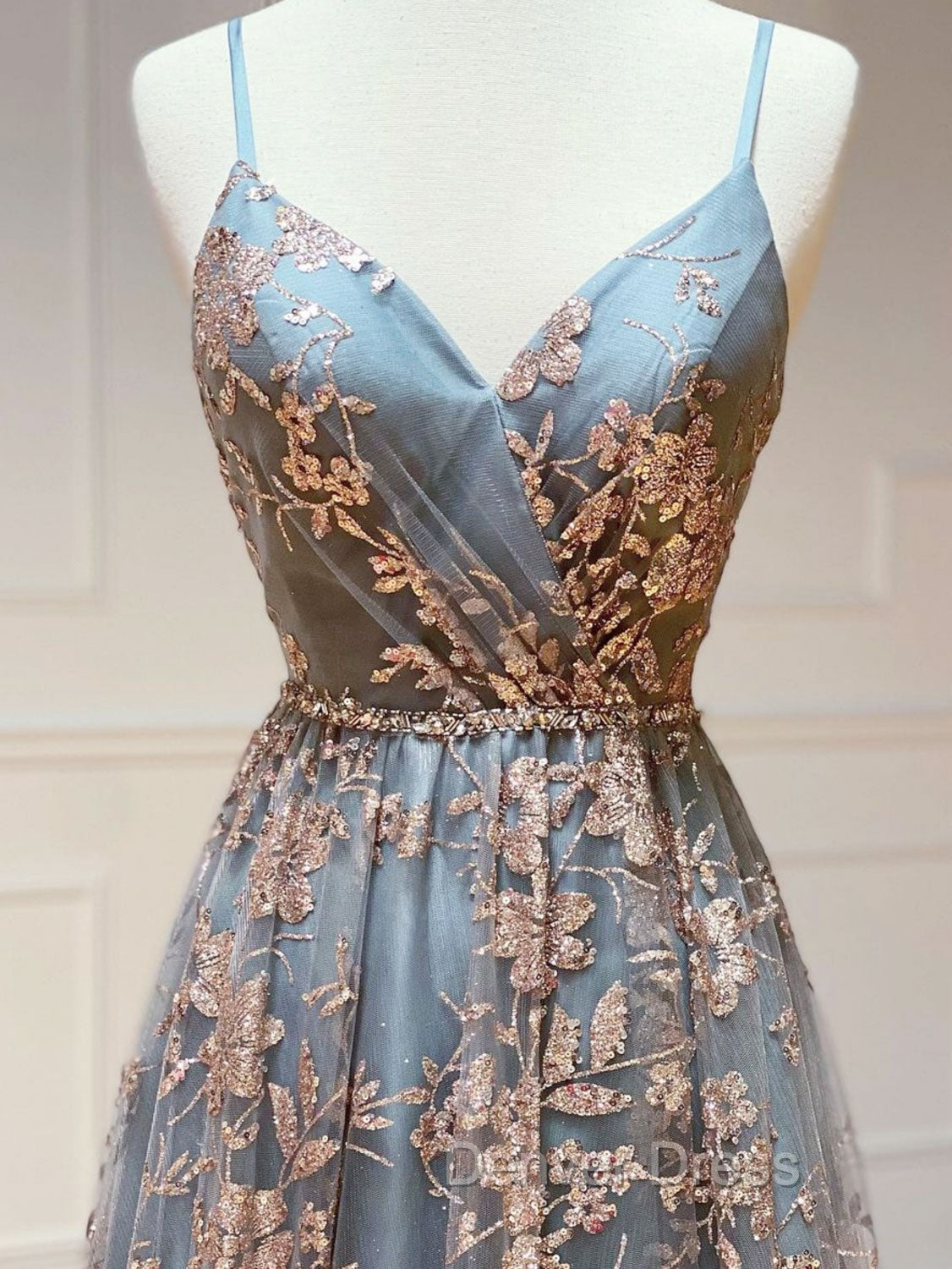 A Line V Neck Tulle Sequin Long Prom Dress, Backless Long Prom Dresses