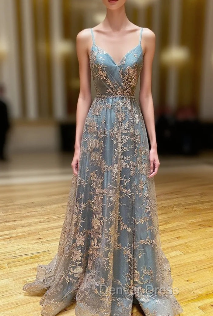 A-Line  V Neck Tulle Sequin Long Prom Dresses, Backless Long Evening Dresses Main image